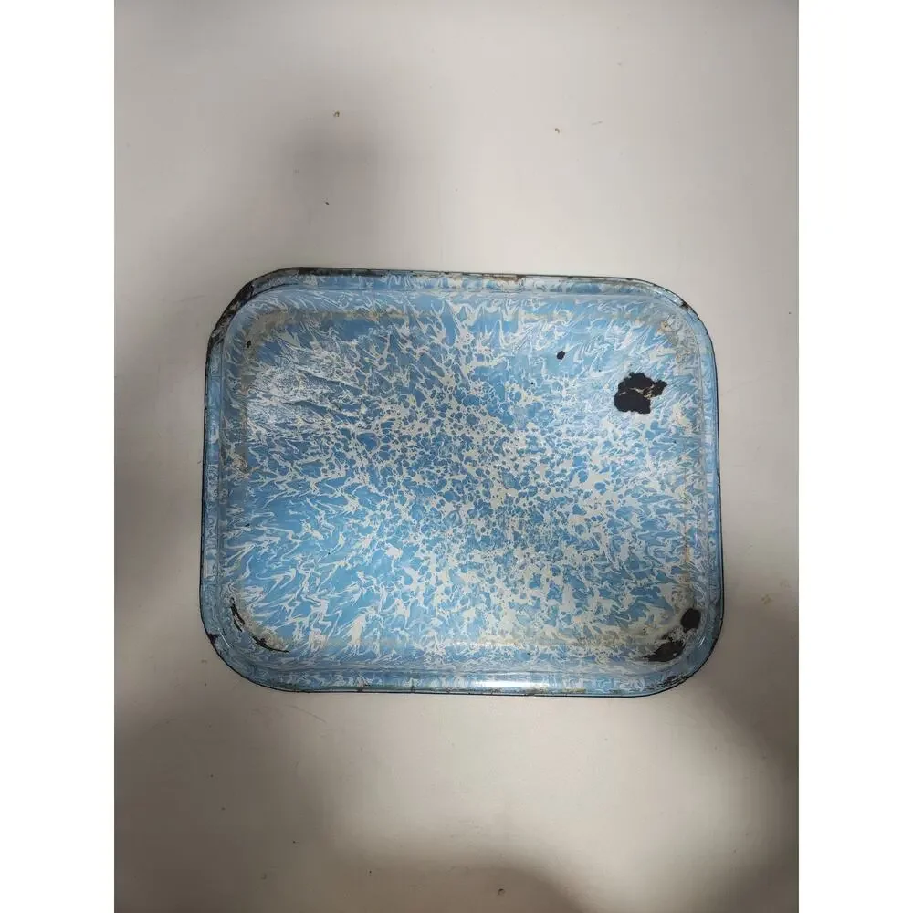Vintage Blue White Swirl Enamelware Roasting Pan Graniteware Farmhouse Baking Tr